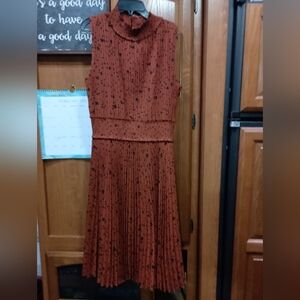 Nannette Lepore Burnt Orange with Black Details Pleated Midi Dress Size 12